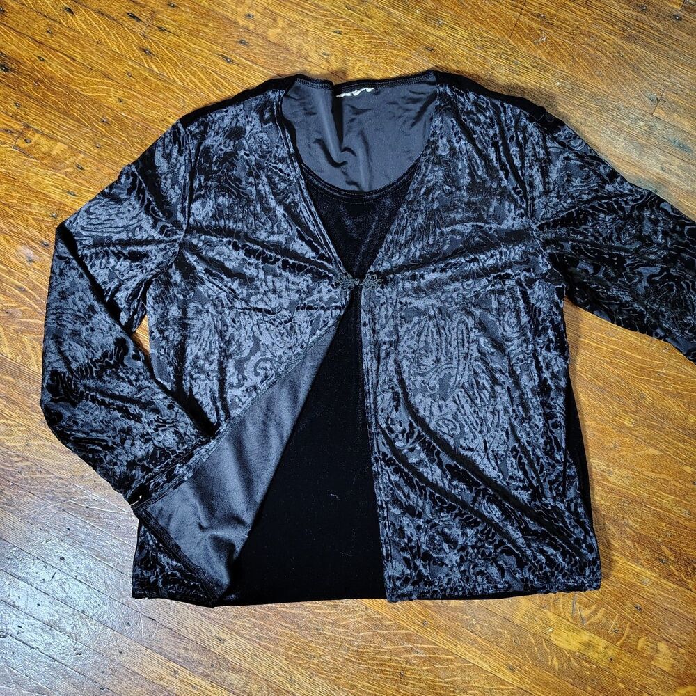 Black Goth Velvet Open Cardigan W Attached Tank Top VTG Dark Poetcore/T752